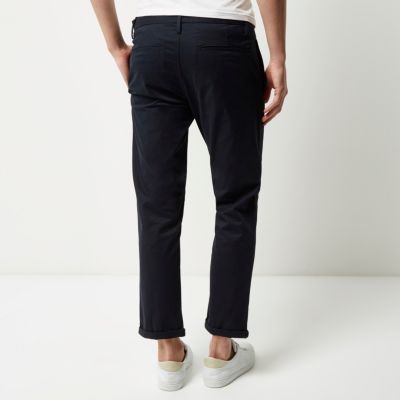 Navy stretch slim cropped chino trousers